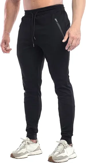 Men's Slim Fit Stretch Solid Hiking Pants Cotton Casual Running Athletic Pants Elastic Waist Zipper Trousers