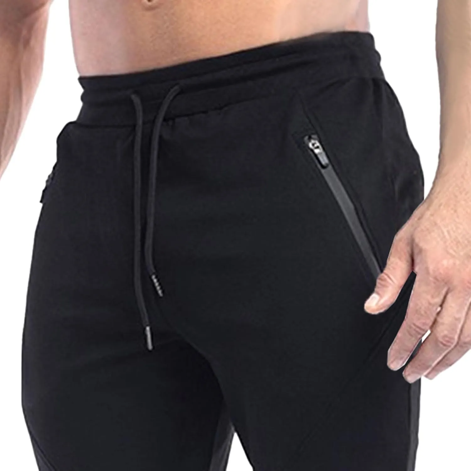Men's Slim Fit Stretch Solid Hiking Pants Cotton Casual Running Athletic Pants Elastic Waist Zipper Trousers