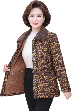 Middle-Aged Elderly Women Loose Coat In Autumn Winter Stylish Warm Floral Grandma's Cotton-Padded Jacket