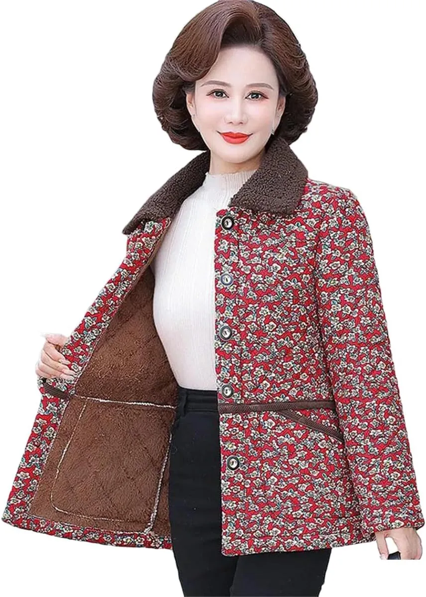 Middle-Aged Elderly Women Loose Coat In Autumn Winter Stylish Warm Floral Grandma's Cotton-Padded Jacket