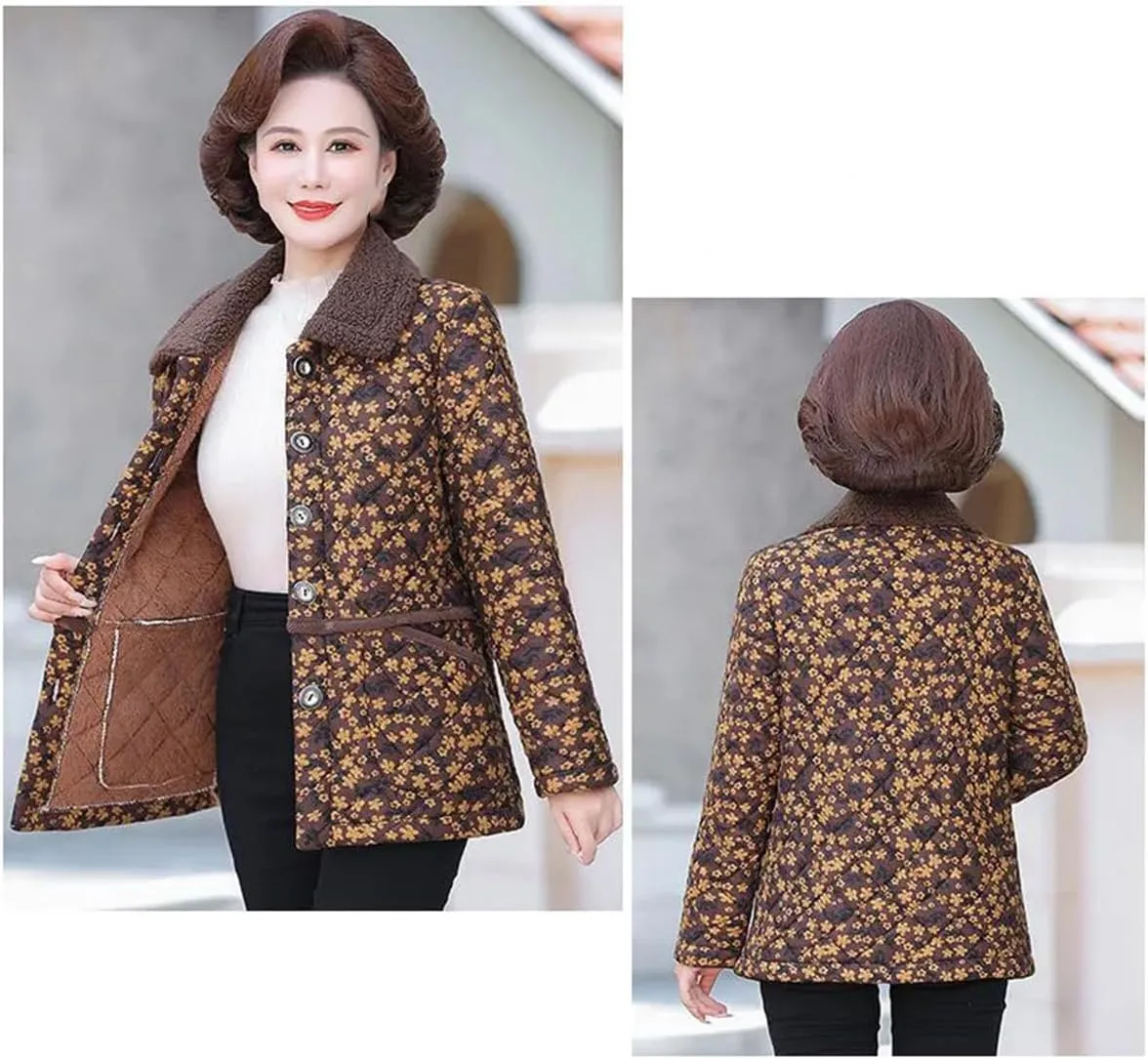 Middle-Aged Elderly Women Loose Coat In Autumn Winter Stylish Warm Floral Grandma's Cotton-Padded Jacket