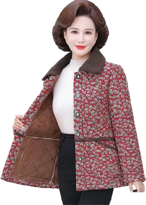 Middle-Aged Elderly Women Loose Coat In Autumn Winter Stylish Warm Floral Grandma's Cotton-Padded Jacket