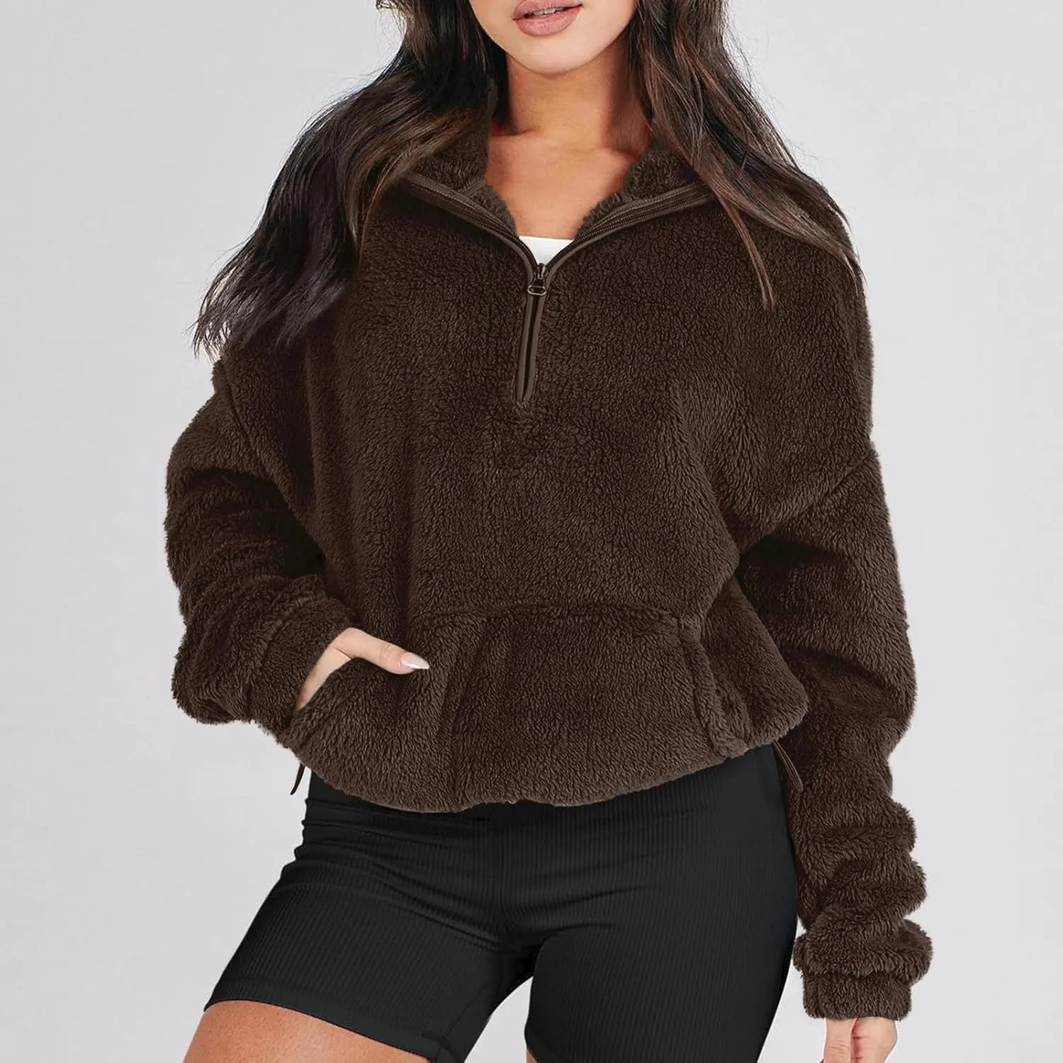 midelxp Womens Sherpa Fleece Half Zip Pullover Sweaters Soft Warm Oversized Sweatshirts Winter Fluffy Sweater with Pocket