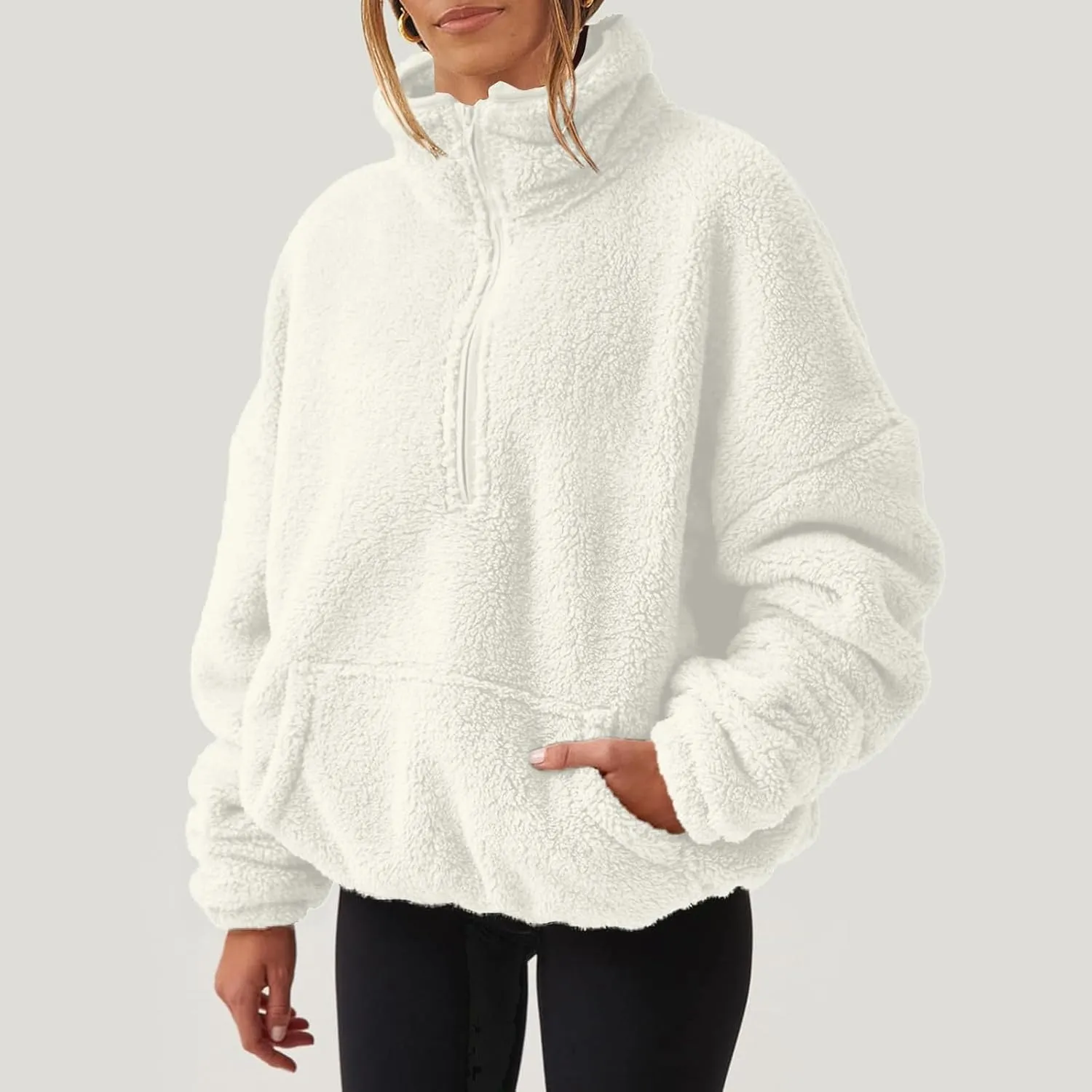 midelxp Womens Sherpa Fleece Half Zip Pullover Sweaters Soft Warm Oversized Sweatshirts Winter Fluffy Sweater with Pocket