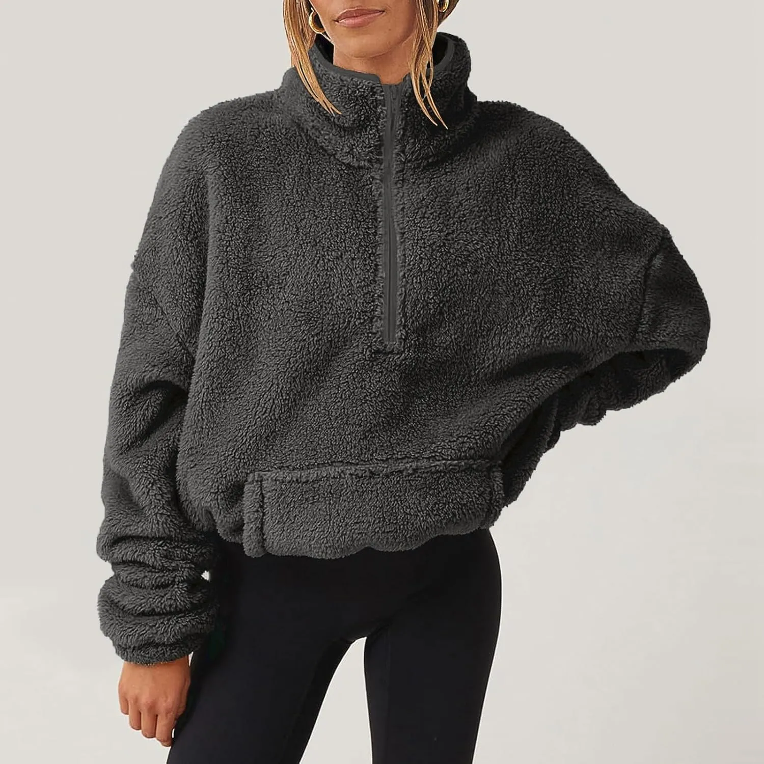 midelxp Womens Sherpa Fleece Half Zip Pullover Sweaters Soft Warm Oversized Sweatshirts Winter Fluffy Sweater with Pocket