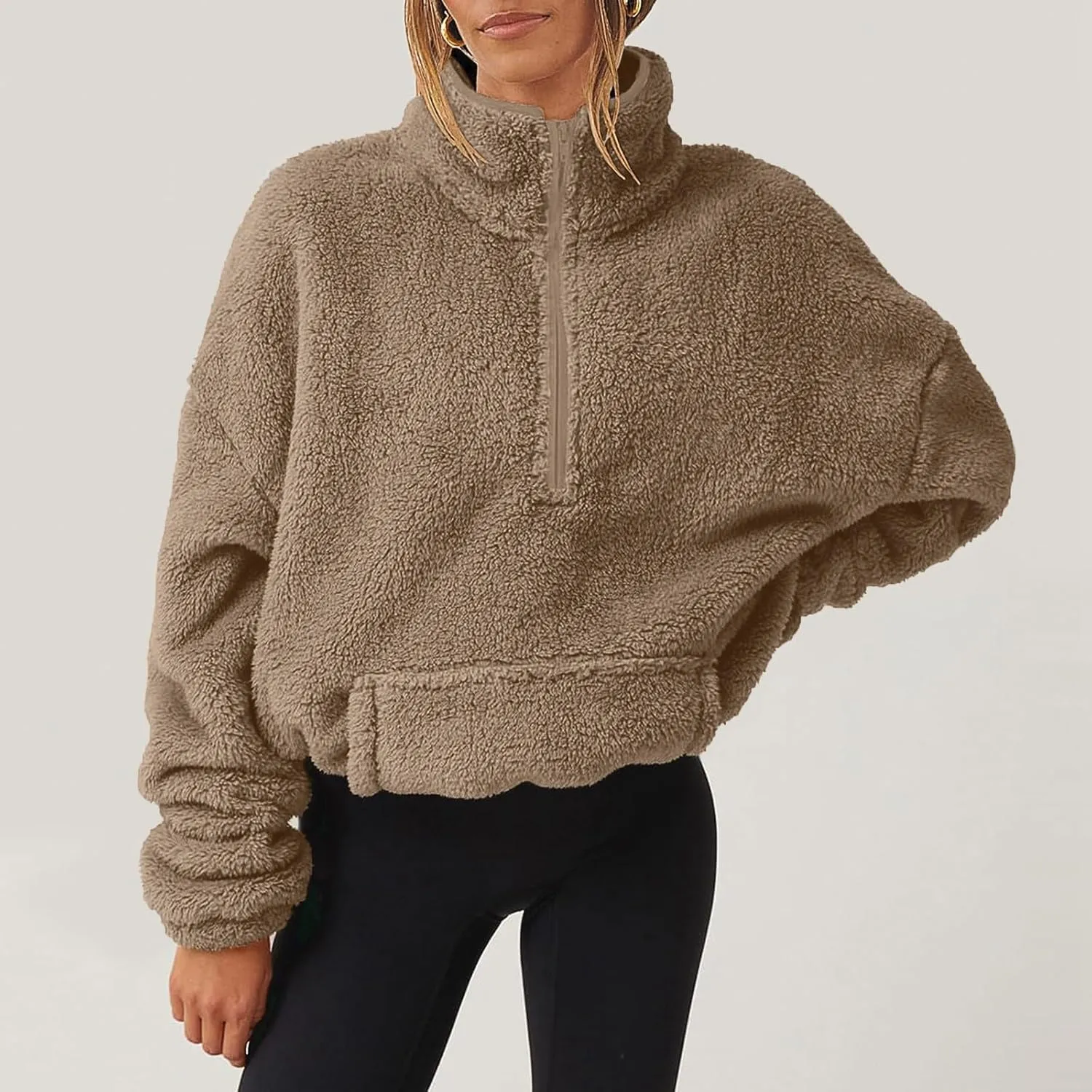 midelxp Womens Sherpa Fleece Half Zip Pullover Sweaters Soft Warm Oversized Sweatshirts Winter Fluffy Sweater with Pocket