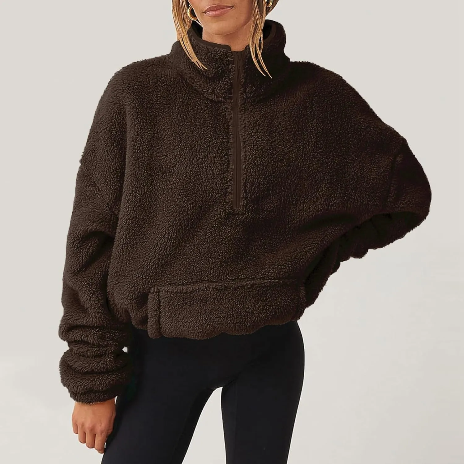 midelxp Womens Sherpa Fleece Half Zip Pullover Sweaters Soft Warm Oversized Sweatshirts Winter Fluffy Sweater with Pocket