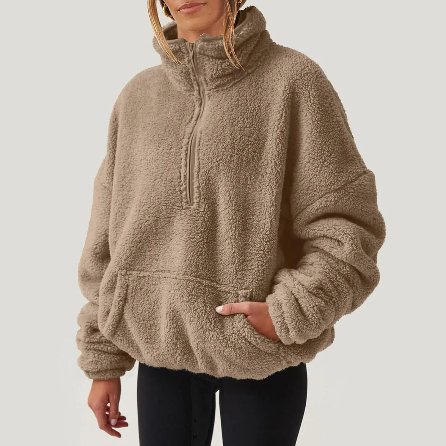 midelxp Womens Sherpa Fleece Half Zip Pullover Sweaters Soft Warm Oversized Sweatshirts Winter Fluffy Sweater with Pocket