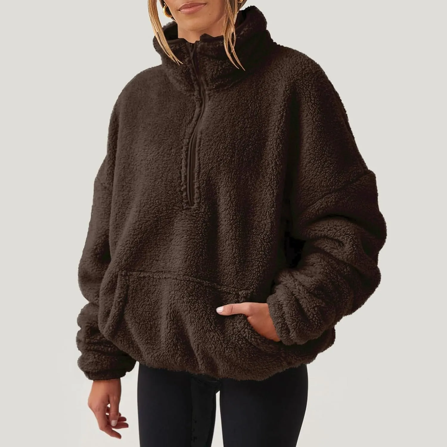 midelxp Womens Sherpa Fleece Half Zip Pullover Sweaters Soft Warm Oversized Sweatshirts Winter Fluffy Sweater with Pocket