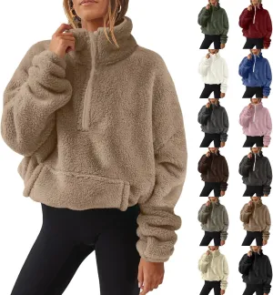 midelxp Womens Sherpa Fleece Half Zip Pullover Sweaters Soft Warm Oversized Sweatshirts Winter Fluffy Sweater with Pocket