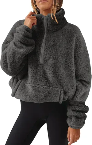 midelxp Womens Sherpa Fleece Half Zip Pullover Sweaters Soft Warm Oversized Sweatshirts Winter Fluffy Sweater with Pocket