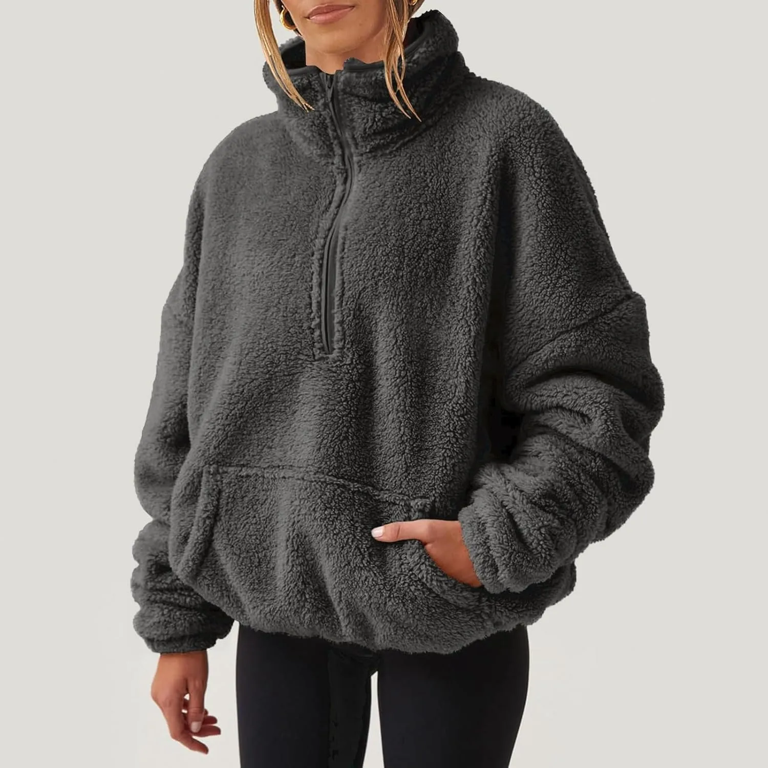 midelxp Womens Sherpa Fleece Half Zip Pullover Sweaters Soft Warm Oversized Sweatshirts Winter Fluffy Sweater with Pocket