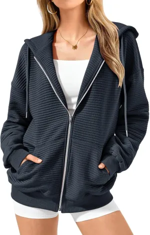 midelxp Zip Up Hoodies for Women Cute Y2k Long Sleeve Oversized Sweatshirts Casual Comfy Fall Jackets Preppy Clothes 2024