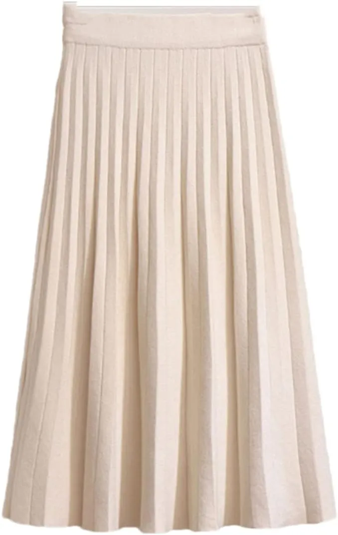 Midi Pleated Knitted Skirt Women Knee Length A Line High Waist Skirt Female Ladies