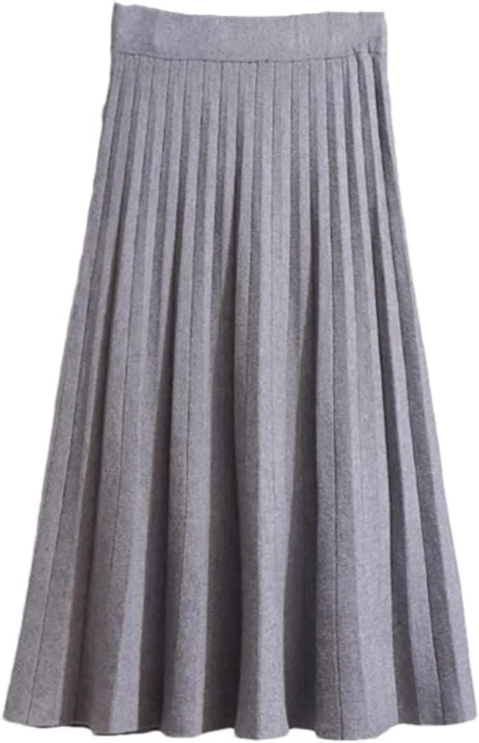 Midi Pleated Knitted Skirt Women Knee Length A Line High Waist Skirt Female Ladies