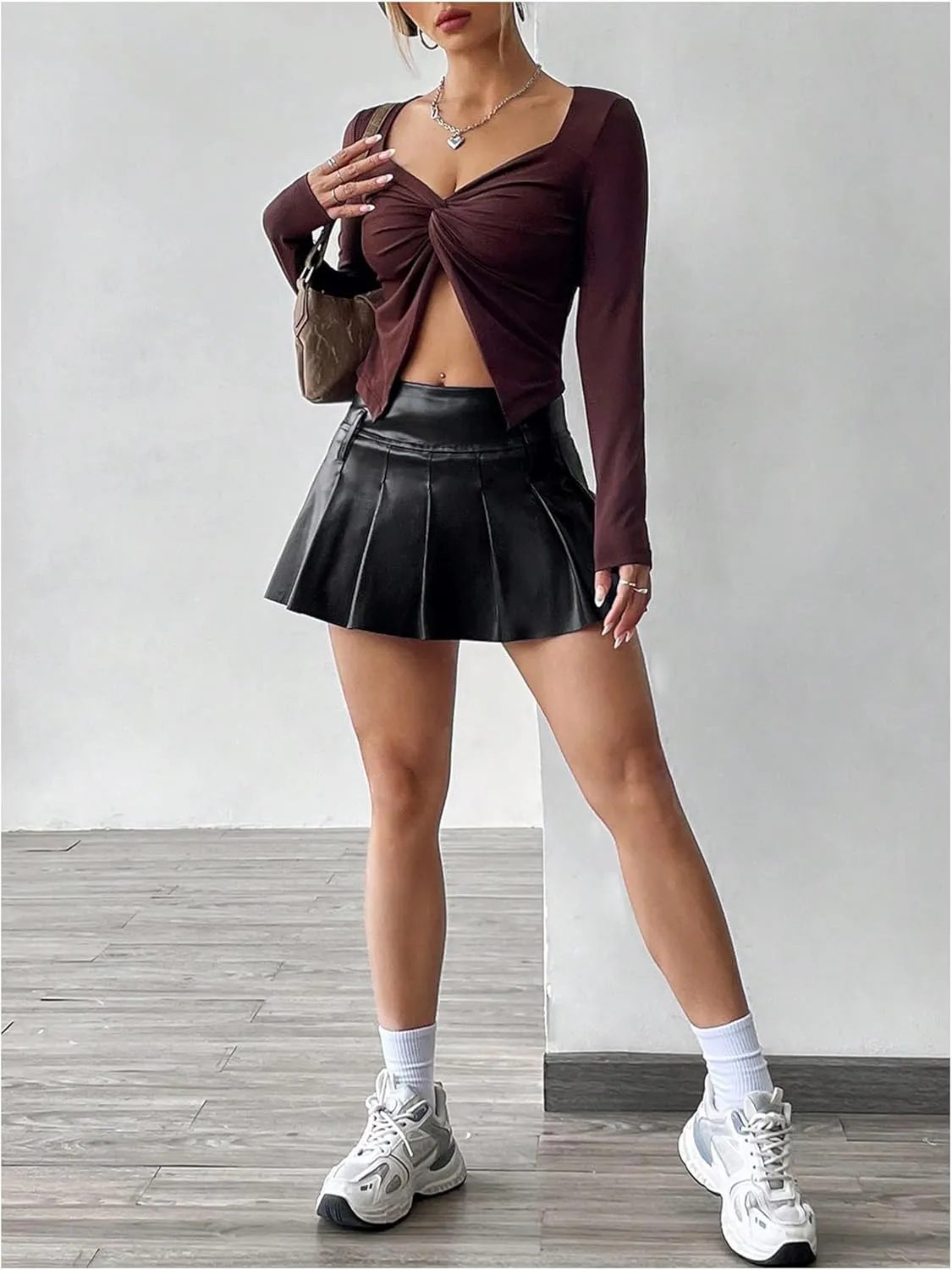 Milumia Women's Pleated Pu Leather Skirt Y2k Punk Drop Waisted Flared Mini Skirts