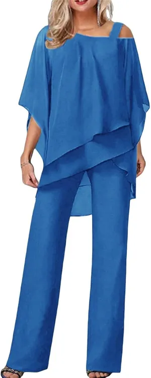 Miyaomn Elegant Pantsuit for Women 2 Piece Half Sleeve Cold Shoulder Hi-Low Top and Long Dress Pants Set Wedding Party Outfit