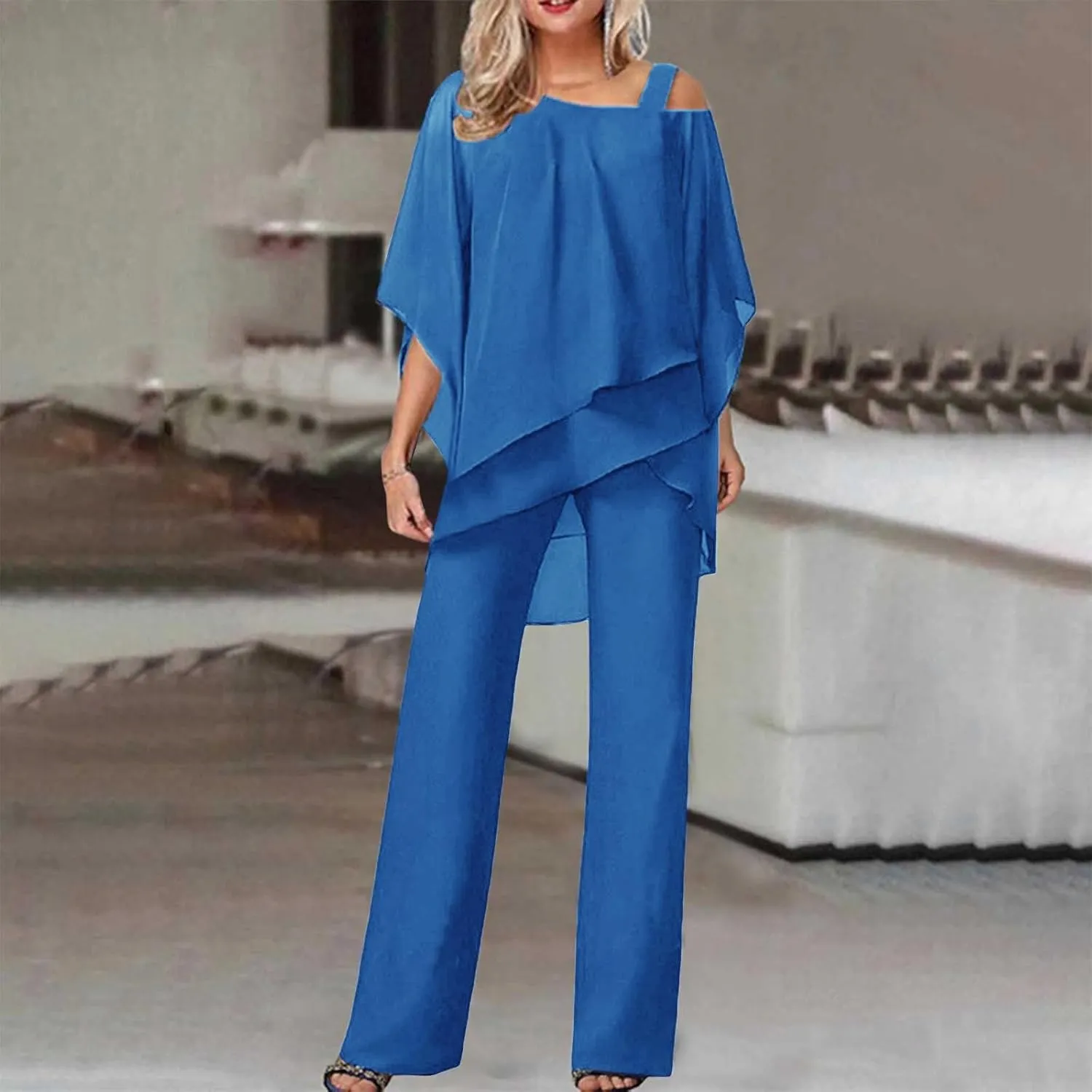 Miyaomn Elegant Pantsuit for Women 2 Piece Half Sleeve Cold Shoulder Hi-Low Top and Long Dress Pants Set Wedding Party Outfit