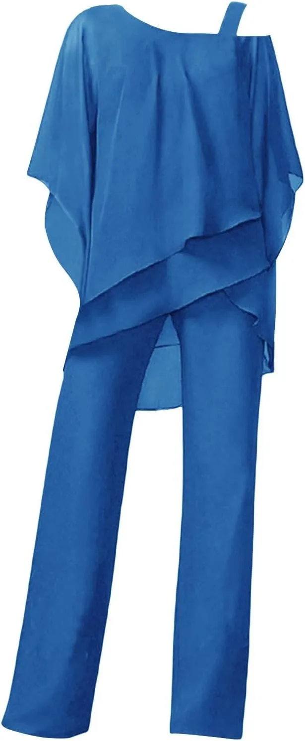 Miyaomn Elegant Pantsuit for Women 2 Piece Half Sleeve Cold Shoulder Hi-Low Top and Long Dress Pants Set Wedding Party Outfit