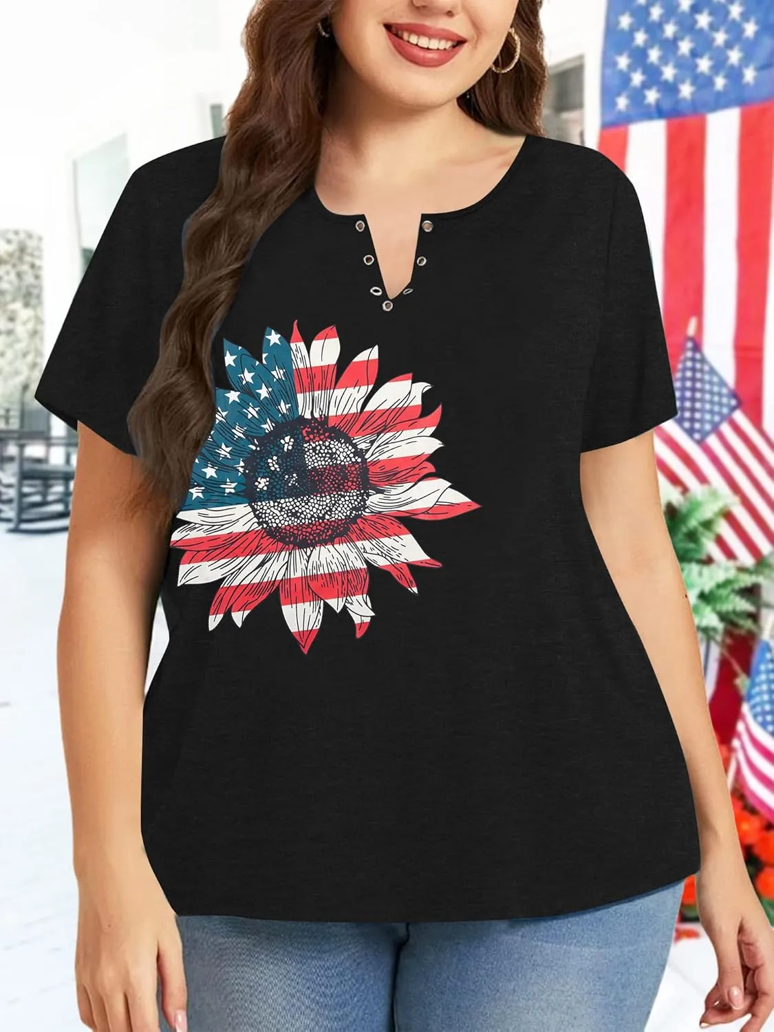 MOUSYA Plus Size Women American Flag Shirt 4th of July Patriotic V Neck T Shirts American Flag Sunflower Graphic Tee Tops