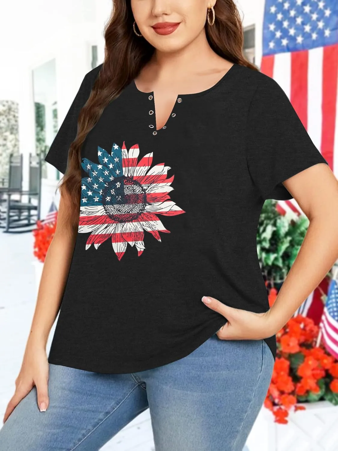 MOUSYA Plus Size Women American Flag Shirt 4th of July Patriotic V Neck T Shirts American Flag Sunflower Graphic Tee Tops
