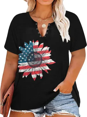 MOUSYA Plus Size Women American Flag Shirt 4th of July Patriotic V Neck T Shirts American Flag Sunflower Graphic Tee Tops