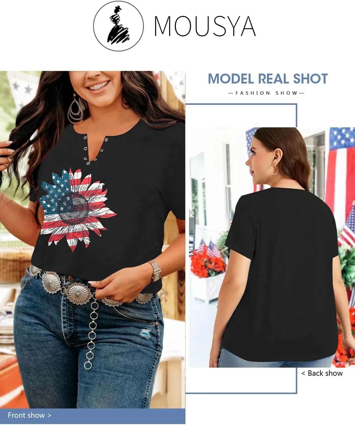 MOUSYA Plus Size Women American Flag Shirt 4th of July Patriotic V Neck T Shirts American Flag Sunflower Graphic Tee Tops