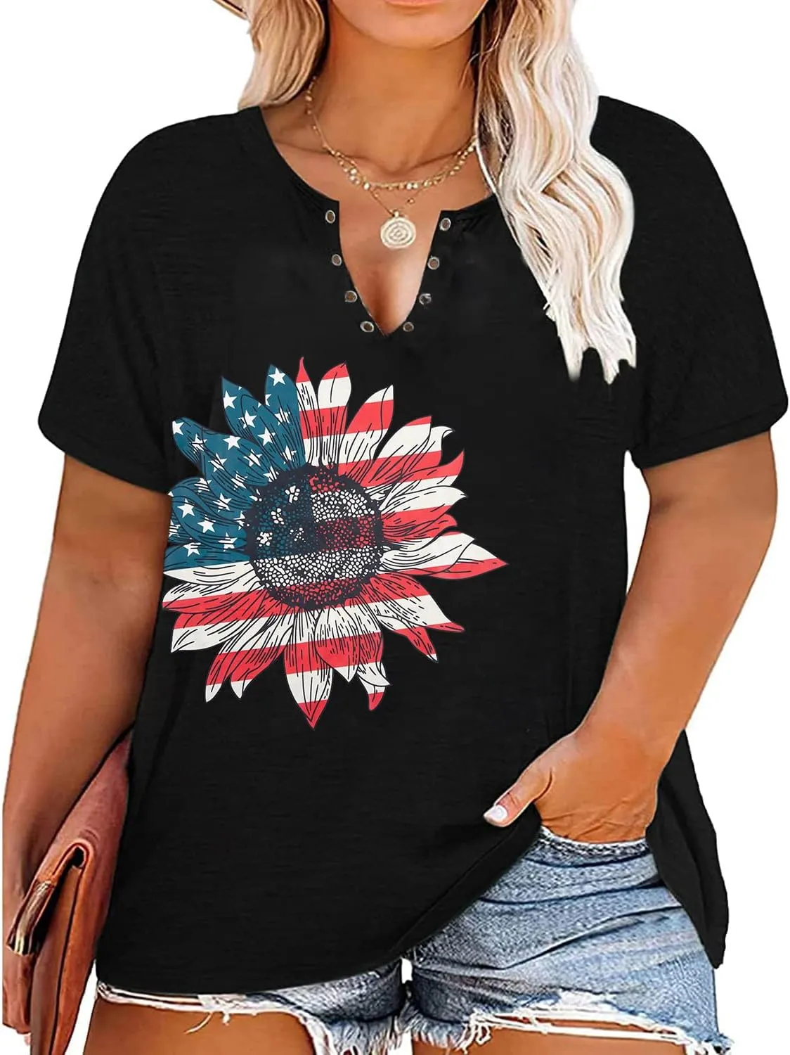 MOUSYA Plus Size Women American Flag Shirt 4th of July Patriotic V Neck T Shirts American Flag Sunflower Graphic Tee Tops