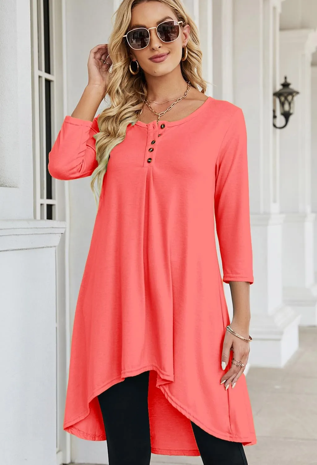 Naggoo Women's 3/4 Sleeve Button V Neck High Low Loose Fit Casual Long Tunic Tops Tee Shirts S-3XL