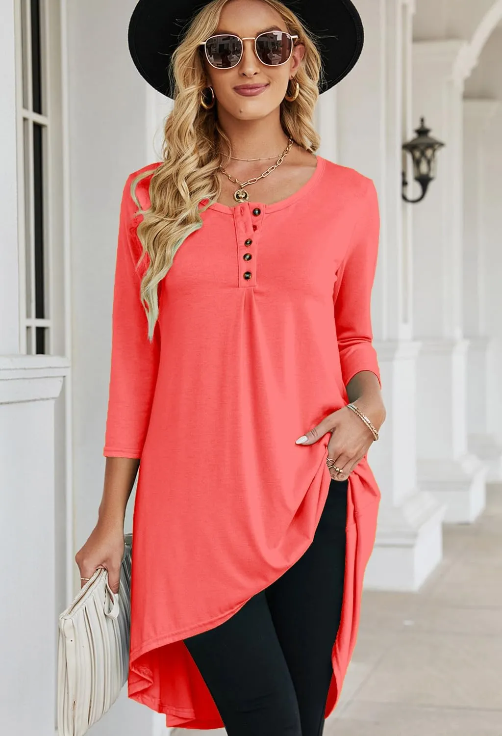 Naggoo Women's 3/4 Sleeve Button V Neck High Low Loose Fit Casual Long Tunic Tops Tee Shirts S-3XL