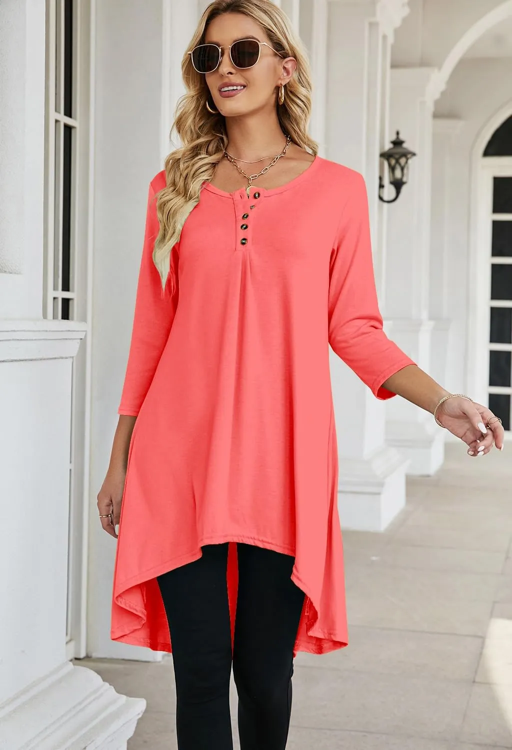 Naggoo Women's 3/4 Sleeve Button V Neck High Low Loose Fit Casual Long Tunic Tops Tee Shirts S-3XL