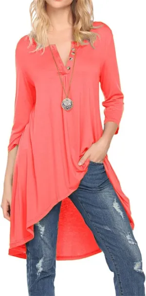 Naggoo Women's 3/4 Sleeve Button V Neck High Low Loose Fit Casual Long Tunic Tops Tee Shirts S-3XL