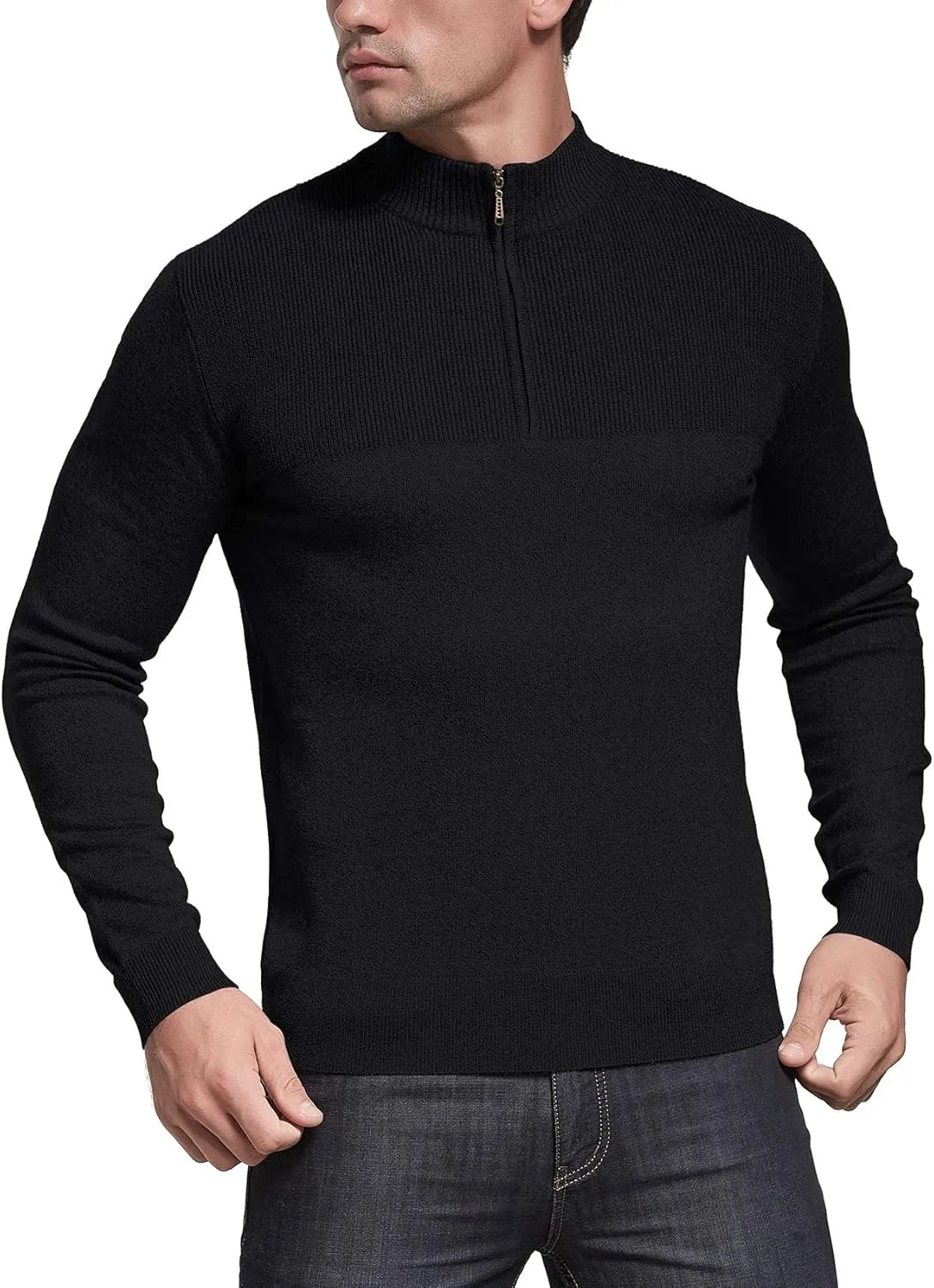 NITAGUT Mens Slim Fit Zip Up Mock Neck Polo Sweater Casual Long Sleeve Sweater and Pullover Sweaters with Ribbing Edge
