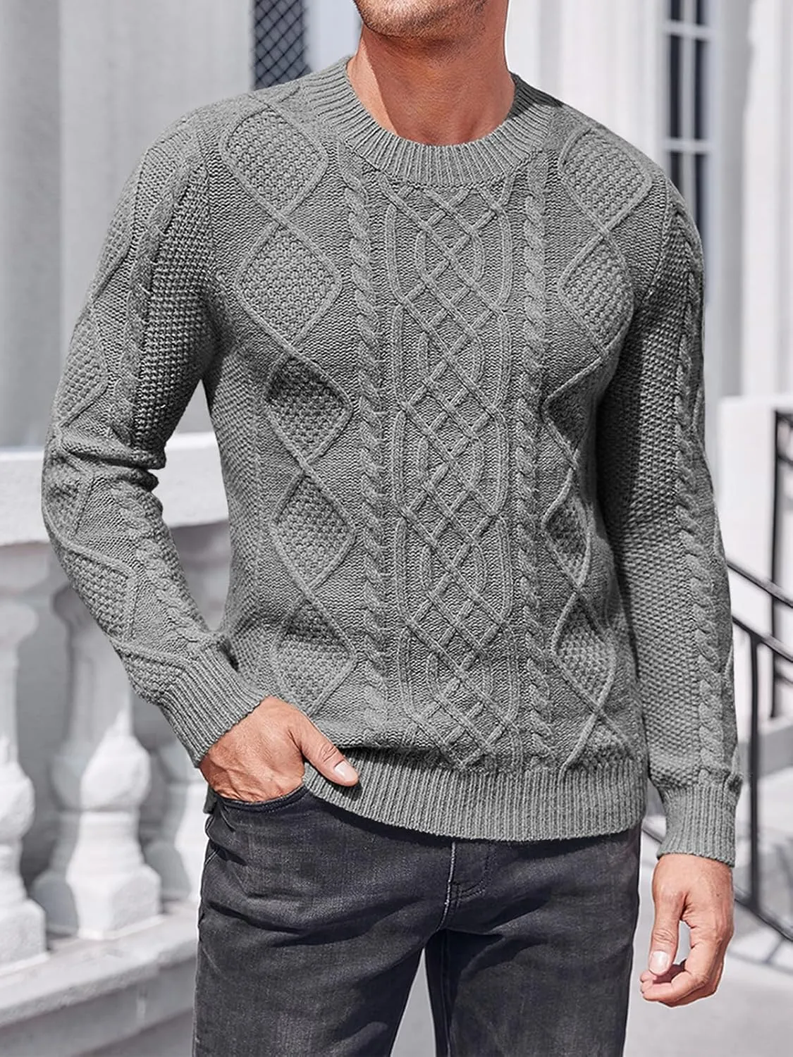 NIUBIA Men's Slim Fit Crewneck Pullover Sweater Winter Casual Chunky Cable Knit Comfort Heavy Long Sleeve Sweaters