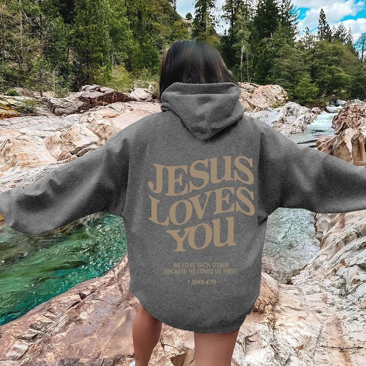 Oversized Hoodie For Women Love Like Jesus Hooded Drawstring Sweatshirts Loose Letter Print Long Sleeve Pullover Hoodie Tops
