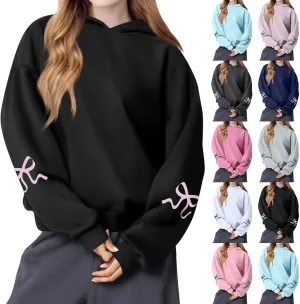 Oversized Hoodies for Women Cute Bow Trim Preppy Sweatshirts Long Sleeve Drop Shoulder Fleece Pullover Tops w/Pocket