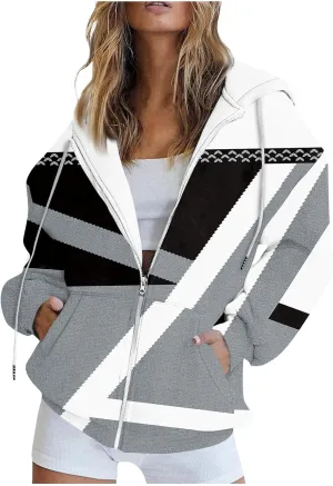 Oversized Zip Up Hoodie for Women Novelty Color Block Long Sleeve Loose Drawstring Sweatshirt Pocket Jacket Outwear