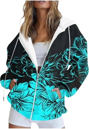 Oversized Zip Up Hoodie for Women Novelty Color Block Long Sleeve Loose Drawstring Sweatshirt Pocket Jacket Outwear