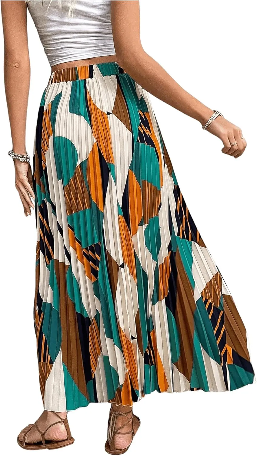 OYOANGLE Women's Boho Geo Print Elastic High Waist Flowy Pleated Maxi Skirt Vacation Skirts
