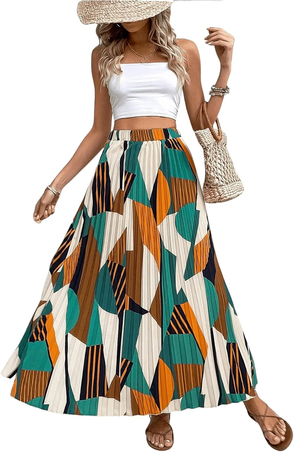 OYOANGLE Women's Boho Geo Print Elastic High Waist Flowy Pleated Maxi Skirt Vacation Skirts