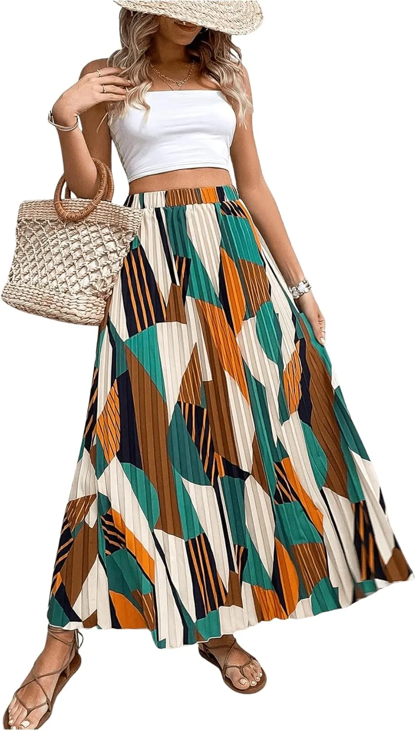 OYOANGLE Women's Boho Geo Print Elastic High Waist Flowy Pleated Maxi Skirt Vacation Skirts