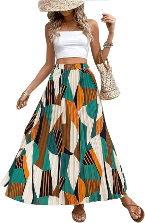 OYOANGLE Women's Boho Geo Print Elastic High Waist Flowy Pleated Maxi Skirt Vacation Skirts