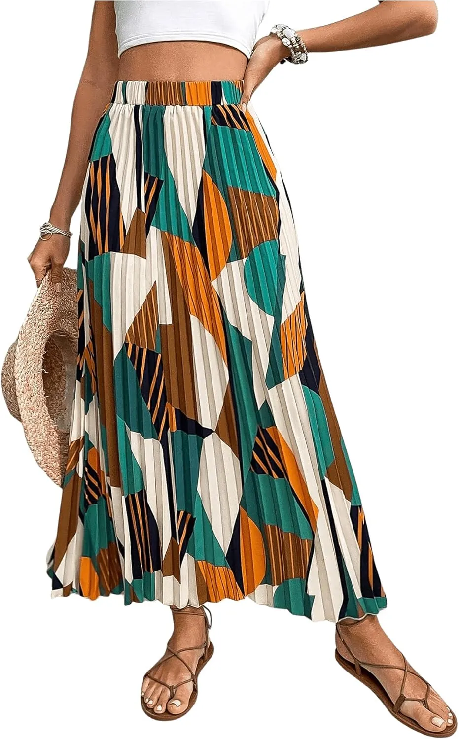 OYOANGLE Women's Boho Geo Print Elastic High Waist Flowy Pleated Maxi Skirt Vacation Skirts