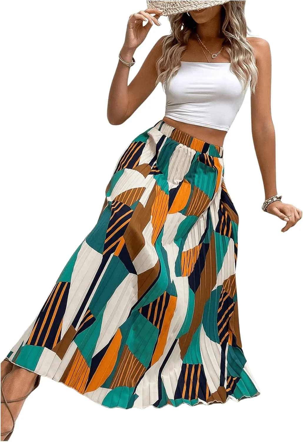 OYOANGLE Women's Boho Geo Print Elastic High Waist Flowy Pleated Maxi Skirt Vacation Skirts