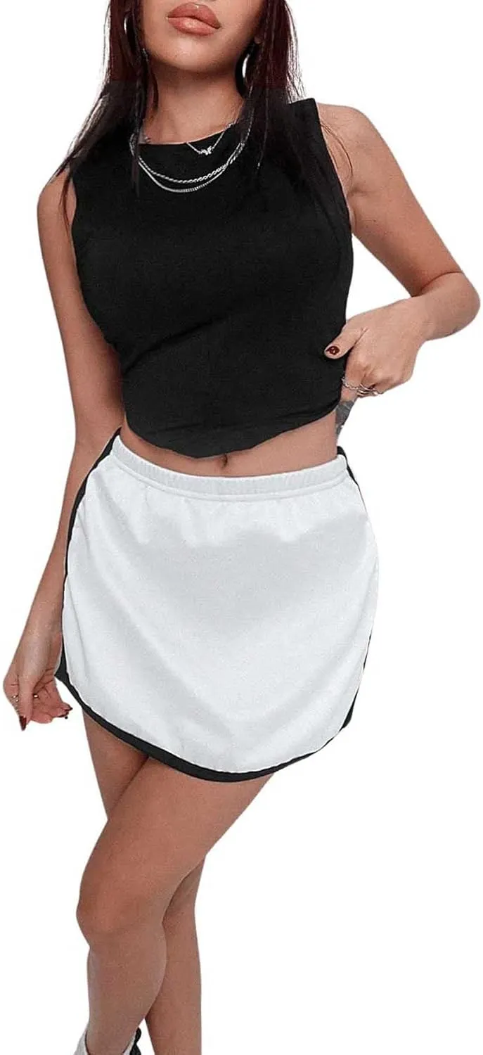 OYOANGLE Women's Colorblock Contrast Binding Split Hem Sports Skorts Elastic Waist Casual Mini Skirt Shorts