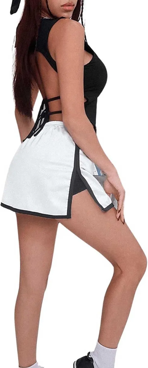 OYOANGLE Women's Colorblock Contrast Binding Split Hem Sports Skorts Elastic Waist Casual Mini Skirt Shorts