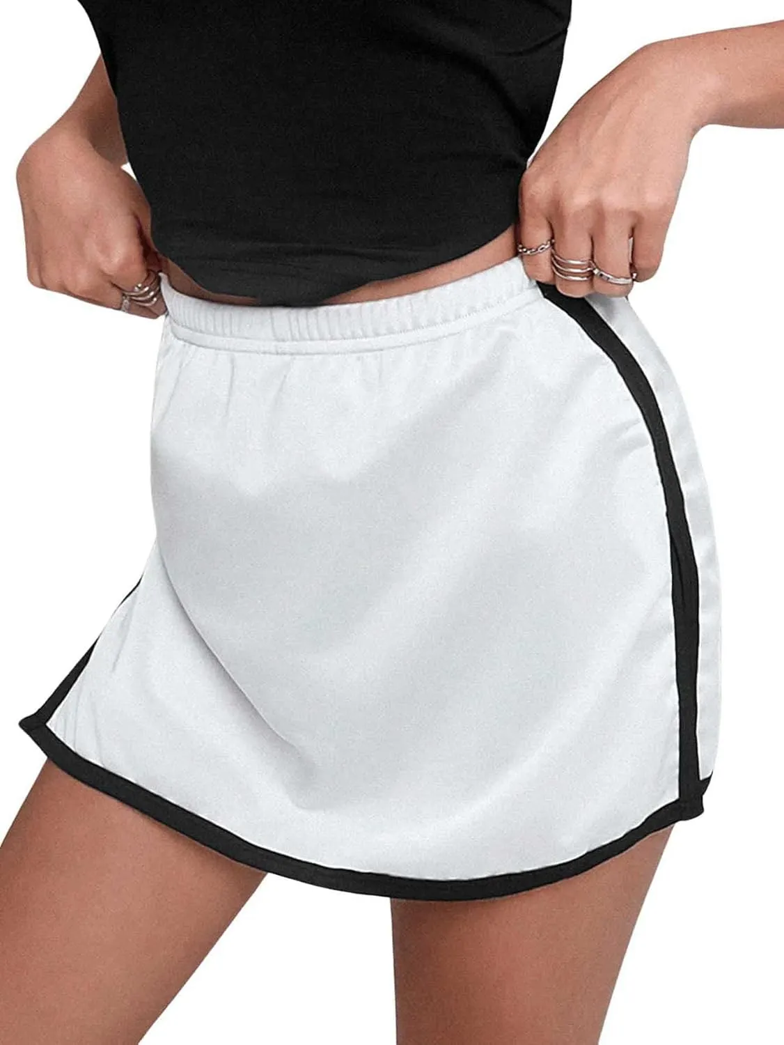 OYOANGLE Women's Colorblock Contrast Binding Split Hem Sports Skorts Elastic Waist Casual Mini Skirt Shorts