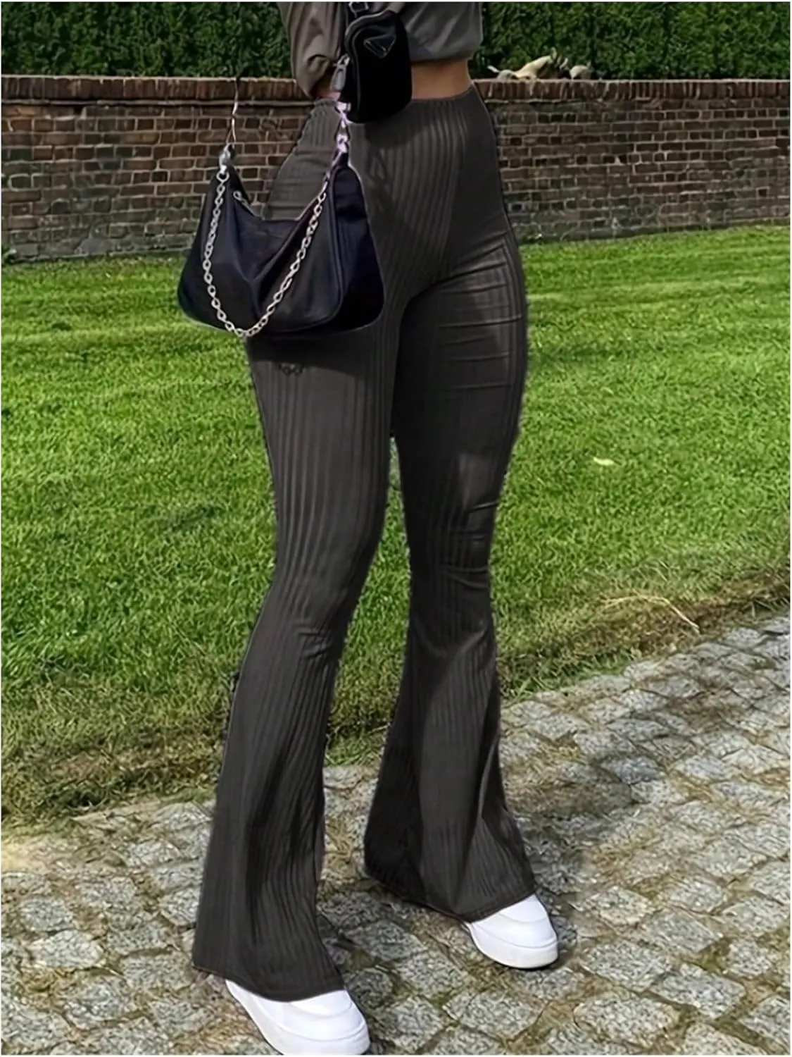OYOANGLE Women's Elastic High Waist Flare Leg Pants Ribbed Knit Skinny Bell Bottoms Trousers