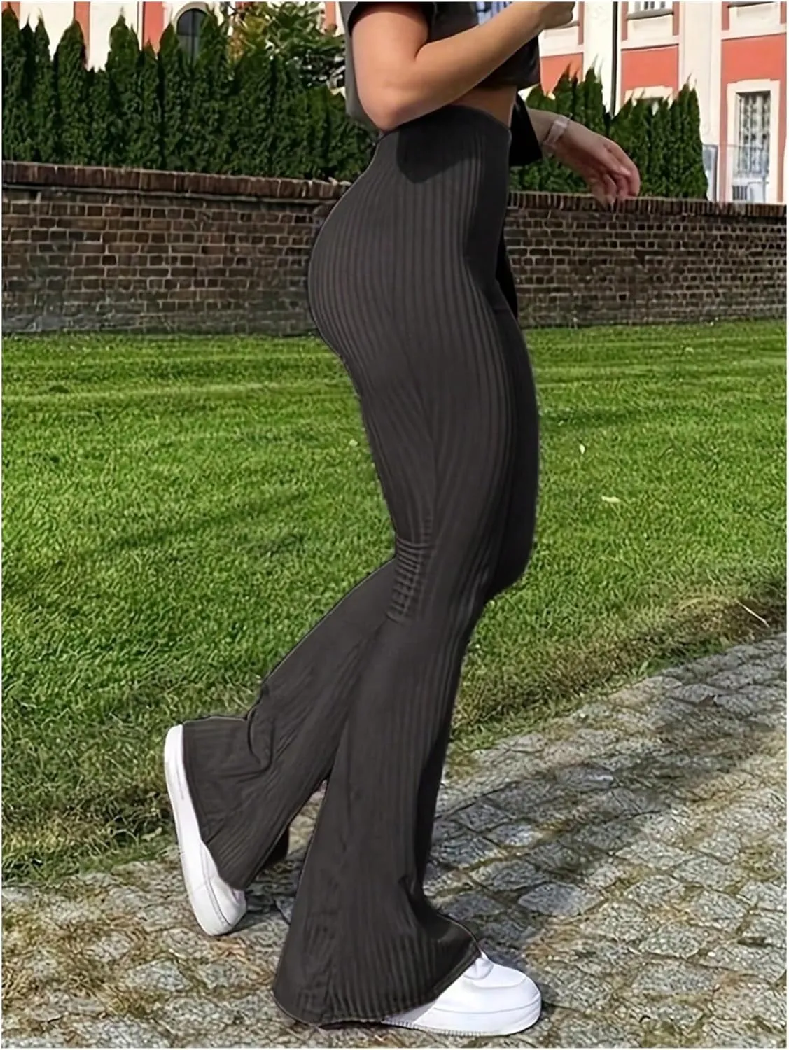 OYOANGLE Women's Elastic High Waist Flare Leg Pants Ribbed Knit Skinny Bell Bottoms Trousers