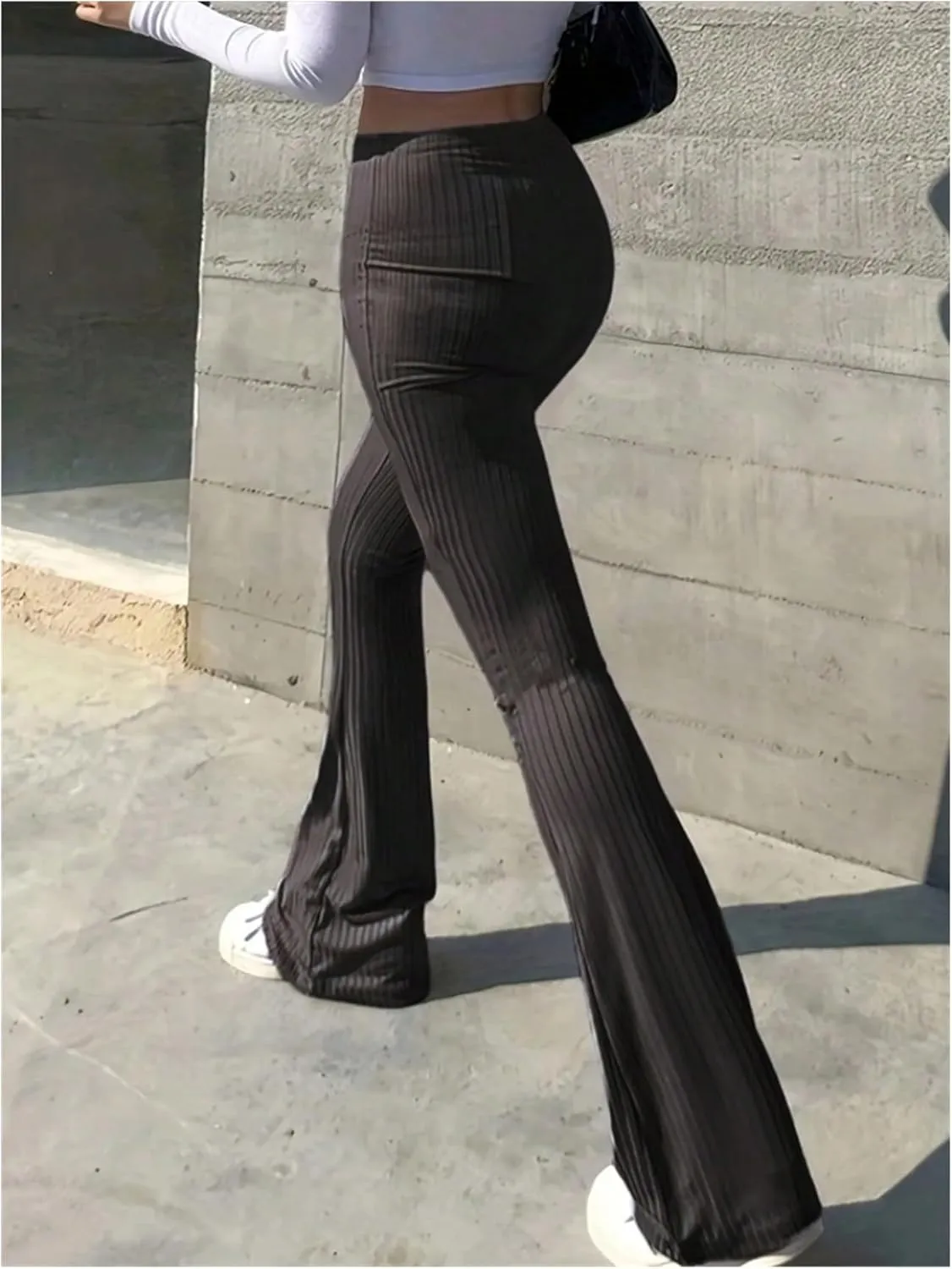OYOANGLE Women's Elastic High Waist Flare Leg Pants Ribbed Knit Skinny Bell Bottoms Trousers